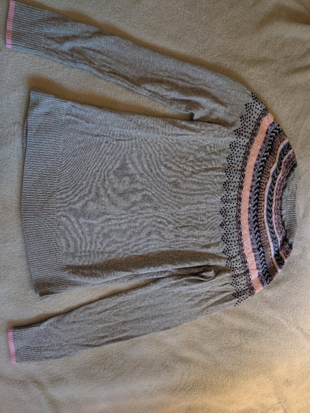WOMEN'S SWEATER ANDEAWY Small S Gray Soft Long Sleeve Pink Pattern Knit Yellow